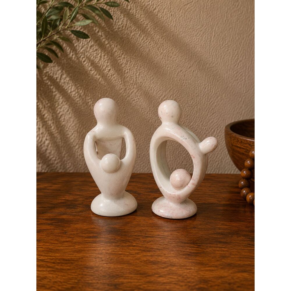 Set of 2 Soapstone Abstract Mother Child Sculpture Natural Stone Cream Decor
